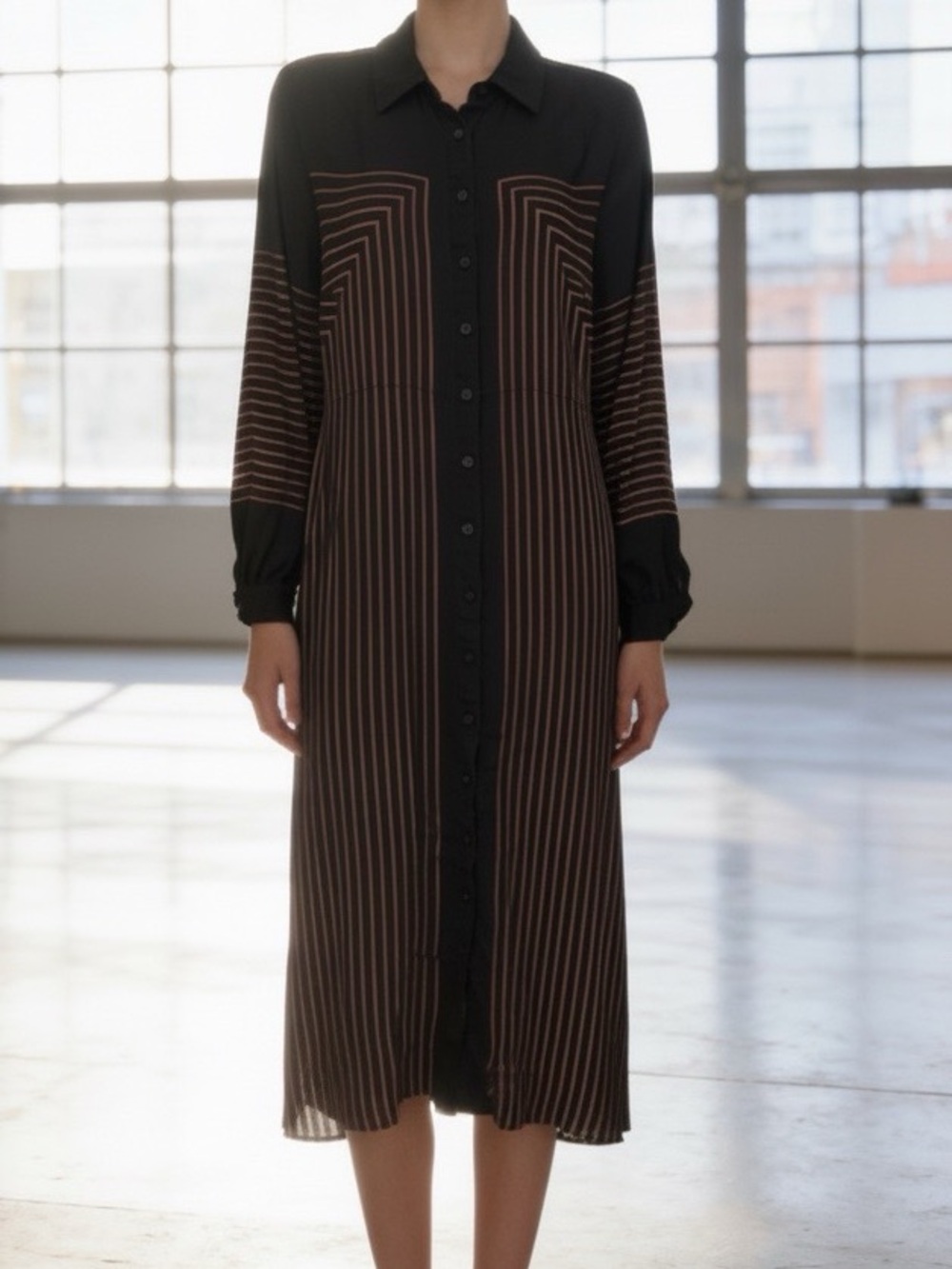 Mint Velvet Maxi Shirt Dress Black & Rosy Tan Stripes EUC